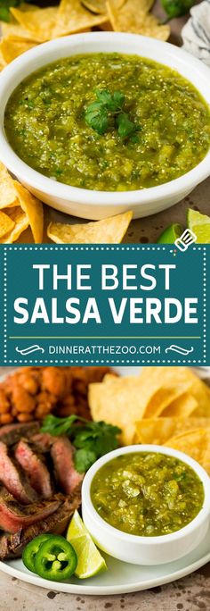 the best salsa verde recipe with steak and guacamole in white bowls