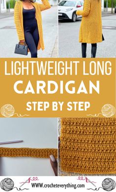 a woman wearing a yellow cardigan and black leggings with text that reads, light weight long cardigan step by step