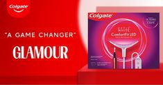 an advertisement for colgate's new game changer is shown in front of a red background