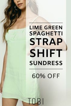 Save money on this short lime green spaghetti strap shift sundress. Catch the TOBI dresses online sale happening now! Get ready for sundress season by exploring the best sundresses for women in all styles and colors. Shop the best selection of cute cheap sundresses and inexpensive sundresses from TOBI. #shoptobi #tobisales #tobidressessale #sundress #shiftdress Green Spaghetti