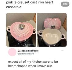 pink heart shaped casserole on top of a stove with the caption saying, i'm not sure if