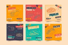 six mexican food menus with hand drawn lettering and illustrations in different colors, including red, orange, blue, green, yellow