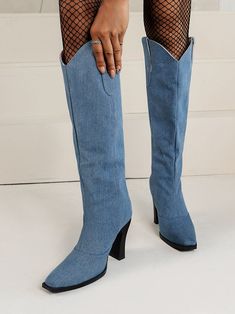 DETAILS Slip-on Denim Knee boots Chunky heel Pointed-toe Trendy Pants, Boots Chunky, Satin Long Sleeve, Comfortable Sweater, Maxi Dress Evening, Little White Dresses, Skirt Design, Thigh High Boots, White Mini Dress