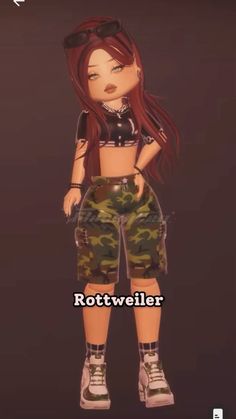 an animated girl with red hair wearing camouflage shorts and black bra top, standing in front of