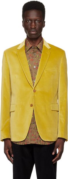 Cotton velvet blazer. · Notched lapel · Button closure · Welt pocket and flap pockets · Four-button surgeon's cuffs · Twin vents at back hem · Welt pockets at interior · Full cupro twill lining Supplier color: Yellow Formal Velvet Blazer With Button Closure, Velvet Blazer With Button Closure For Formal Occasions, Velvet Blazer, Cotton Velvet, Mens Outerwear, Paul Smith, Welt Pockets, Flap Pocket, Welt Pocket