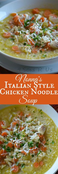 two bowls of italian style chicken noodle soup