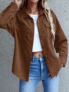 Coffee Brown Casual  Long Sleeve Corduroy Plain Other  Non-Stretch Spring/Fall Women Outerwear Suede Coat, Quilted Coat, Flap Pocket, Drop Shoulder