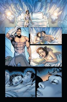 an image of a comic strip with two people in bed and one woman laying down