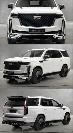 the cadillac suv is shown in three different views, including one white and one black