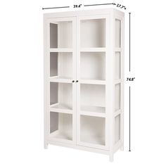 a tall white bookcase with glass doors and shelves on the bottom, measurements for each shelf