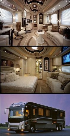 the inside and outside of a luxury rv