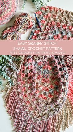 the easy granny stitch shawl crochet pattern with text overlay that reads, easy granny stitch shawl crochet pattern