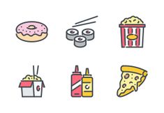 some food and drink icons are shown in this image, including donuts, pizza, soda