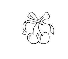 a drawing of two cherries tied with a bow