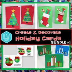 christmas cards and decorations with the words create & decorate holiday cards in red, green, and blue