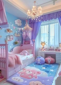 a child's bedroom decorated in pastel colors