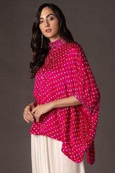 Shop for Twenty Nine Pink Gajji Silk Asymmetric Bandhani Top for Women Online at Aza Fashions Bandhani Top, Bandhani Dress, High Neck Collar, Oversize Shirt, Saree Dress, Kurta Designs, Indian Designer Wear, Top For Women, Designer Wear