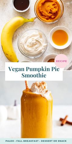 vegan pumpkin pie smoothie in a glass with whipped cream and cinnamon on top