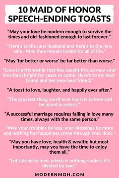 a pink background with the words 10 maid of honor speech - ending toasts