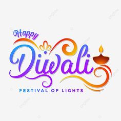 happy diwali festival of lights with colorful lettering and candle on the white background