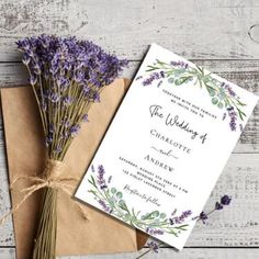 a wedding card with lavender flowers on it