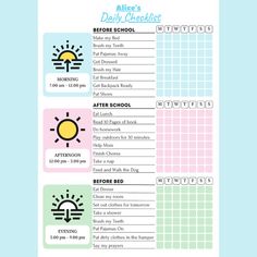 the daily checklist is shown in pastel colors and features sun, moon, and clouds