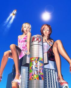 two women sitting on top of a tall building with a rocket in the sky behind them