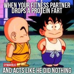 an image of two cartoon characters with caption that reads, when your fitness partner drops a protein fart and acts like he did nothing