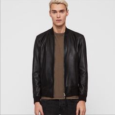 Black 'Mower Bomber' Jacket From Allsaints. Made Of Sheepskin. Zip Fastening. 2 Zip Pockets At Front. Ribbed Knit Collar, Hem And Cuffs. Worn Handful Of Times, In Perfect Condition. Leather Jacket Mens, Leather Jacket Men, Knit Collar, All Saints, Ribbed Knit, Zip Pockets, Mens Jackets, Bomber Jacket, Jackets & Coats