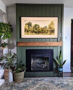 a living room with a fire place and potted plants