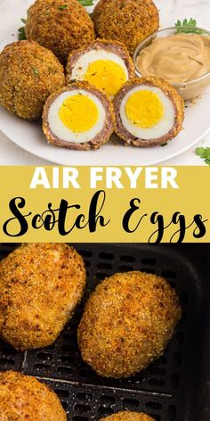 air fryer scotch eggs on a grill with mustard and mayonnaise in the background