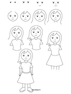 the girl is standing in front of several different faces and hair styles, all drawn by hand