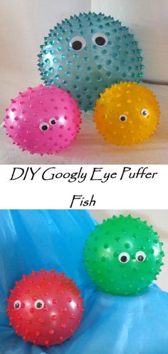 three different colored balls with googly eyes on them