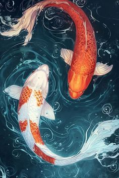 two orange and white koi fish swimming in water