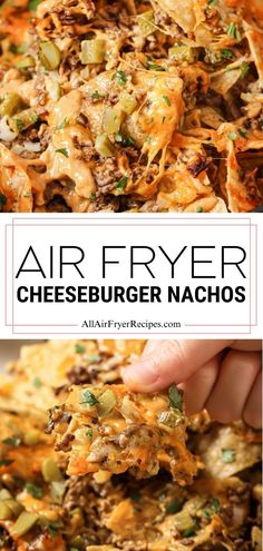 an air fryer cheeseburger nachos recipe is shown with the title above it