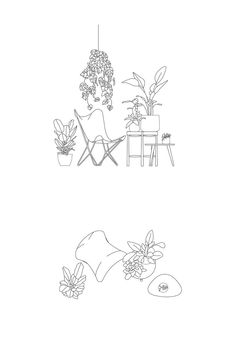 two drawings of chairs and plants on a white background