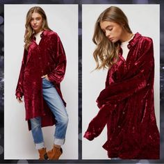 Shop This Beautiful And Rich Wine Colored Crushed Velvet Shirt Dress. Perfect For The Holidays! Color: Wine Features: -Velvet Fabric -Button Front -Loose Fit -Long Sleeves Fabric: 100% Polyester Model Is Wearing Small -Height: 5’8” -Bust: 32b -Waist: 23” -Hips: 34” Boutique Bundle & Save! Shop The Collection At Www.Poppycollection.Com Velvet Clothing, Striped Boyfriend Shirt, Velvet Shirt Dress, Curved Hem Shirt, Neon Stripes, Gauze Top, Long Sleeve Denim Shirt, Velvet Clothes, Velvet Shirt