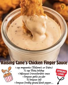 an advertisement for chicken finger sauce with a spoon in it