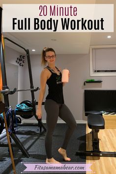 a woman standing in front of a gym machine with the words 20 minute full body workout