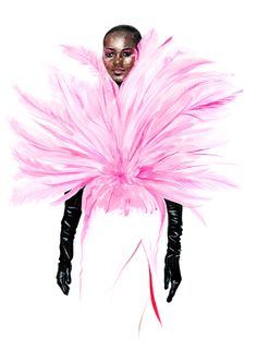 a drawing of a woman with pink feathers on her head and hands in black gloves