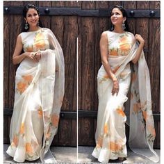 Lavanya Tripathi, Floral Print Sarees, Kerala Saree, Orange Saree, Saree Poses, White Saree, Indian Fashion Saree, Organza Sarees, Sonam Kapoor