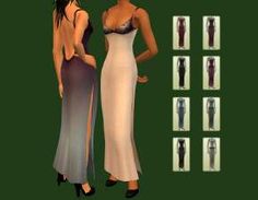 two women in evening dresses standing next to each other with their backs turned towards the camera