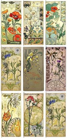 six different cards with flowers and plants on them, all in different colors or designs