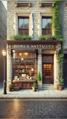 an old book and antiques store on the corner of a city street at night time