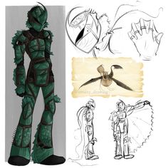 the concept art for an animated movie character is shown in green and black colors, with two