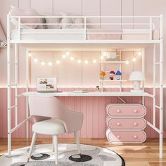 a white loft bed sitting next to a desk