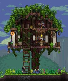 a tree house in the middle of a forest