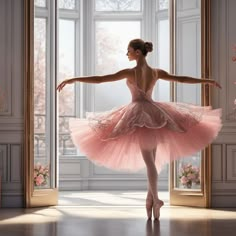 a ballerina in a pink tutu and ballet shoes is standing by an open window