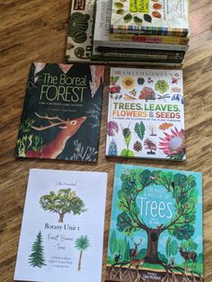 four children's books sitting on top of a wooden table next to each other