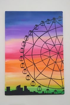 a painting of a ferris wheel in front of an orange, purple, and blue sky